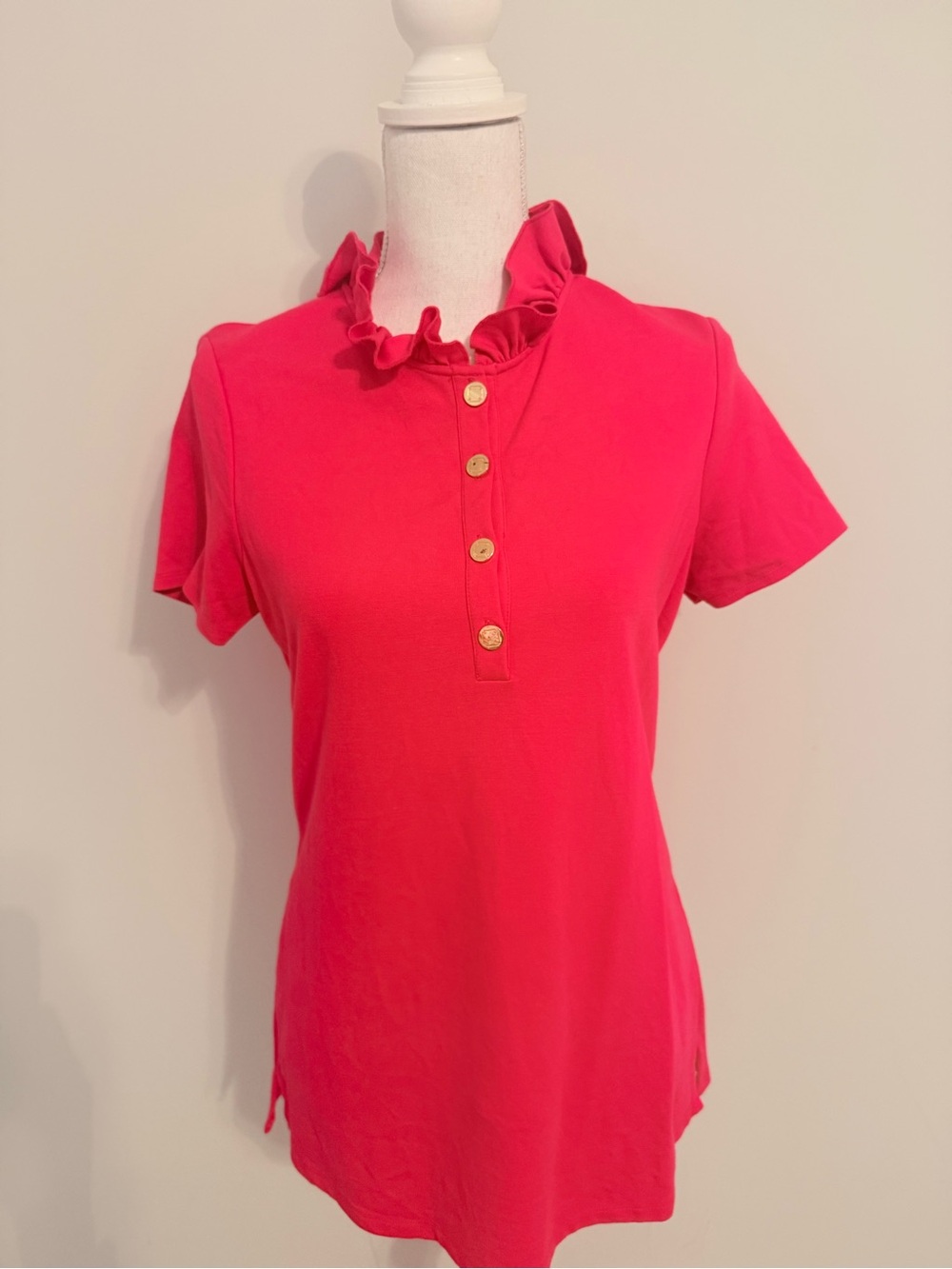 EUC - Women's Ruffle Collar Short Sleeve Top - Hot Pink